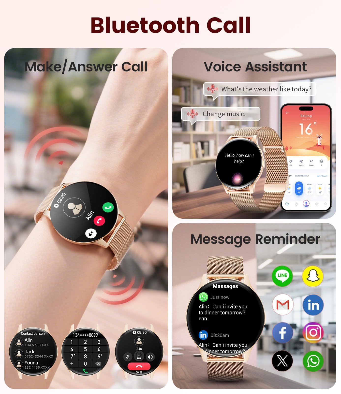 LIGE Smart Watch for Women, 1.43″ AMOLED Screen Women Standrad Size, Gold