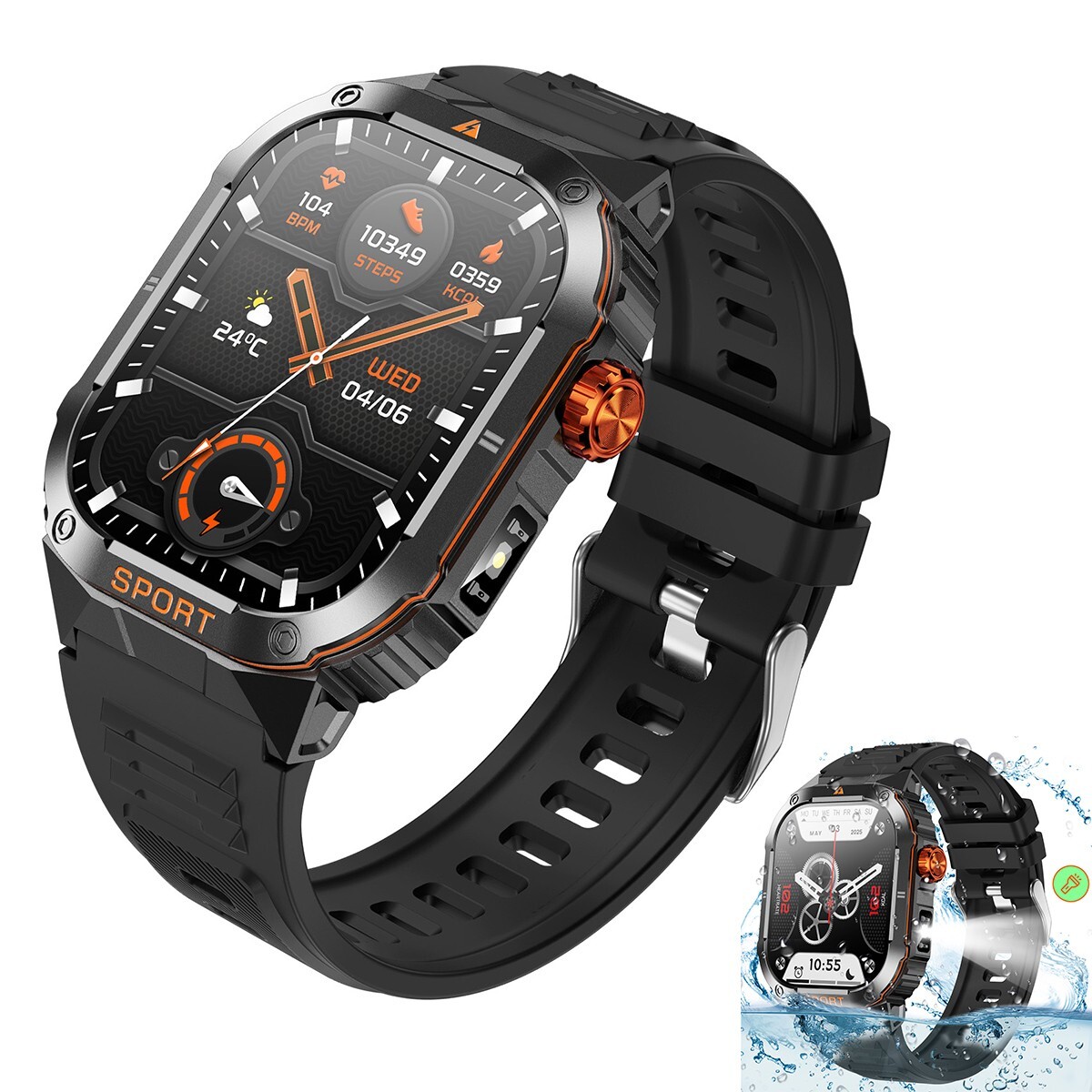 Military Smart Watch Bluetooth Call Health Fitness Tracker Waterproof Flashlight