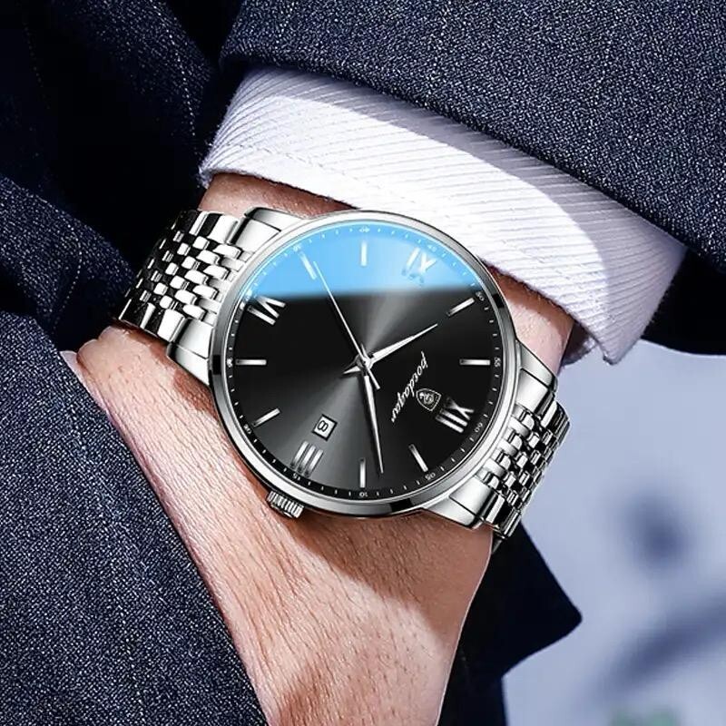 POEDAGAR top brand watch men stainless steel business date clock waterproof