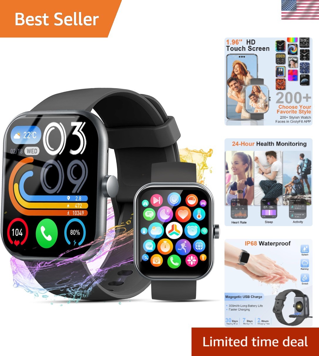 All-In-One Smartwatch for Men & Women – Fitness, Calls, Waterproof, Black