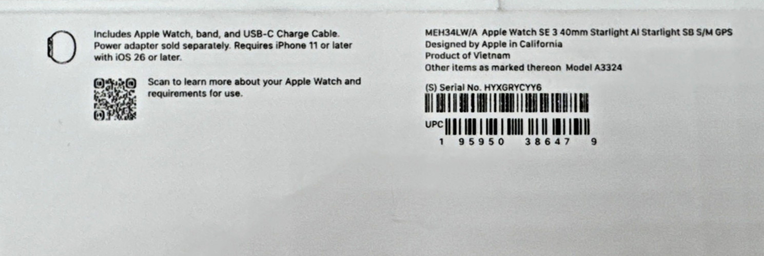Apple Watch SE 3 40mm GPS Starlight Aluminum Case w Sport Band S/M MEH34LW/A