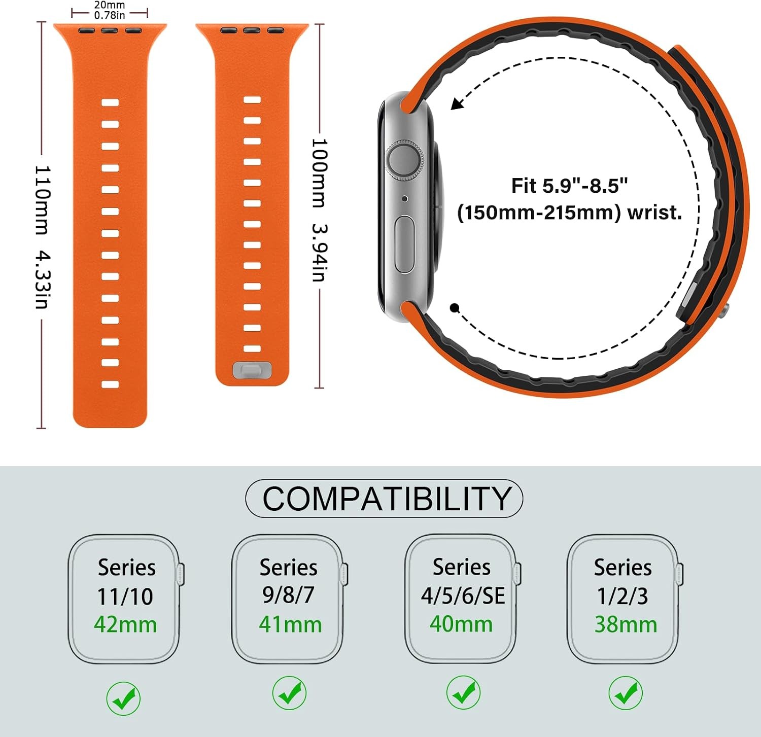 Silicone Strap Compatible with Apple Watch 42mm Series 10/11 Breathable