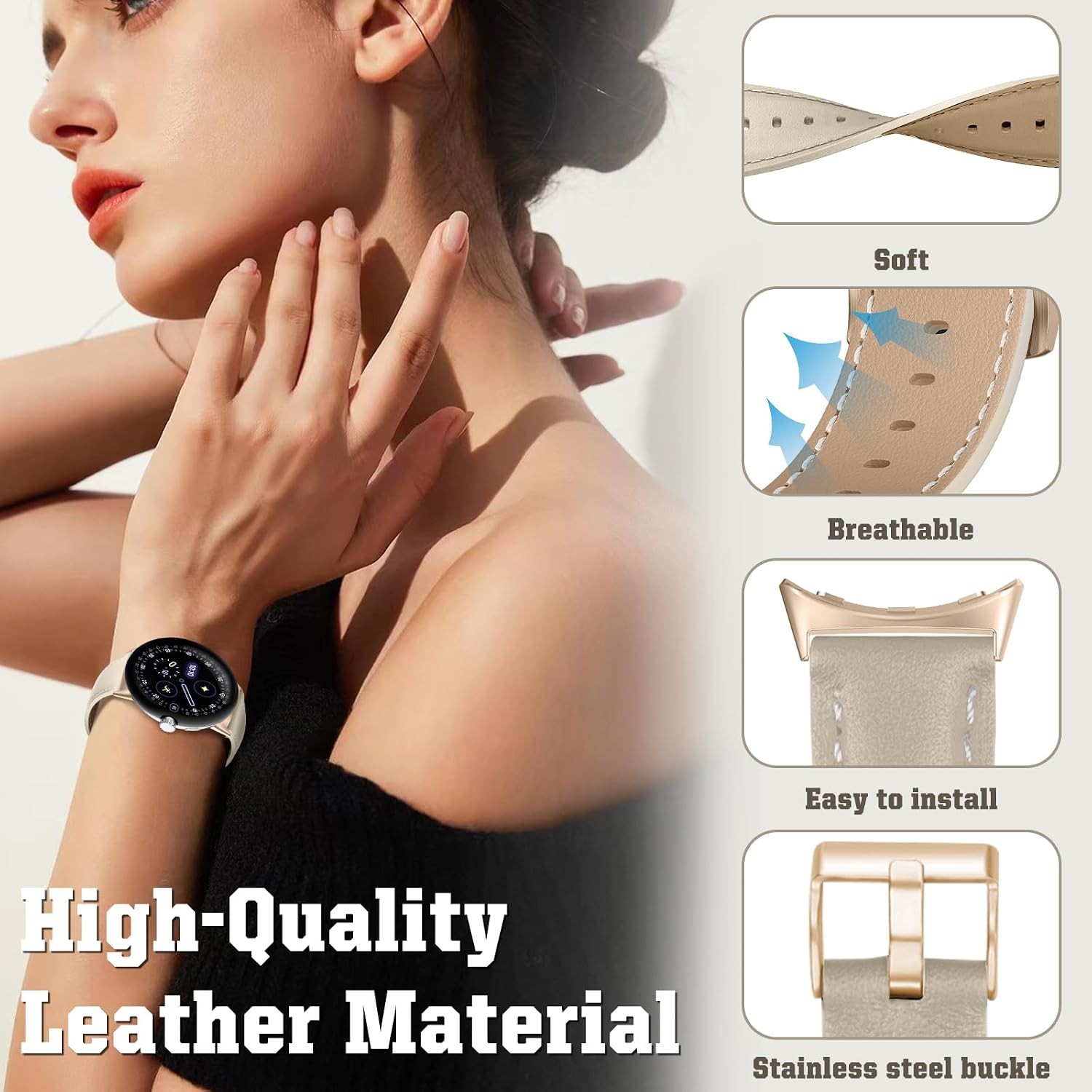 Slim Leather Strap Compatible with Google Pixel Watch 4 41mm, Off-White