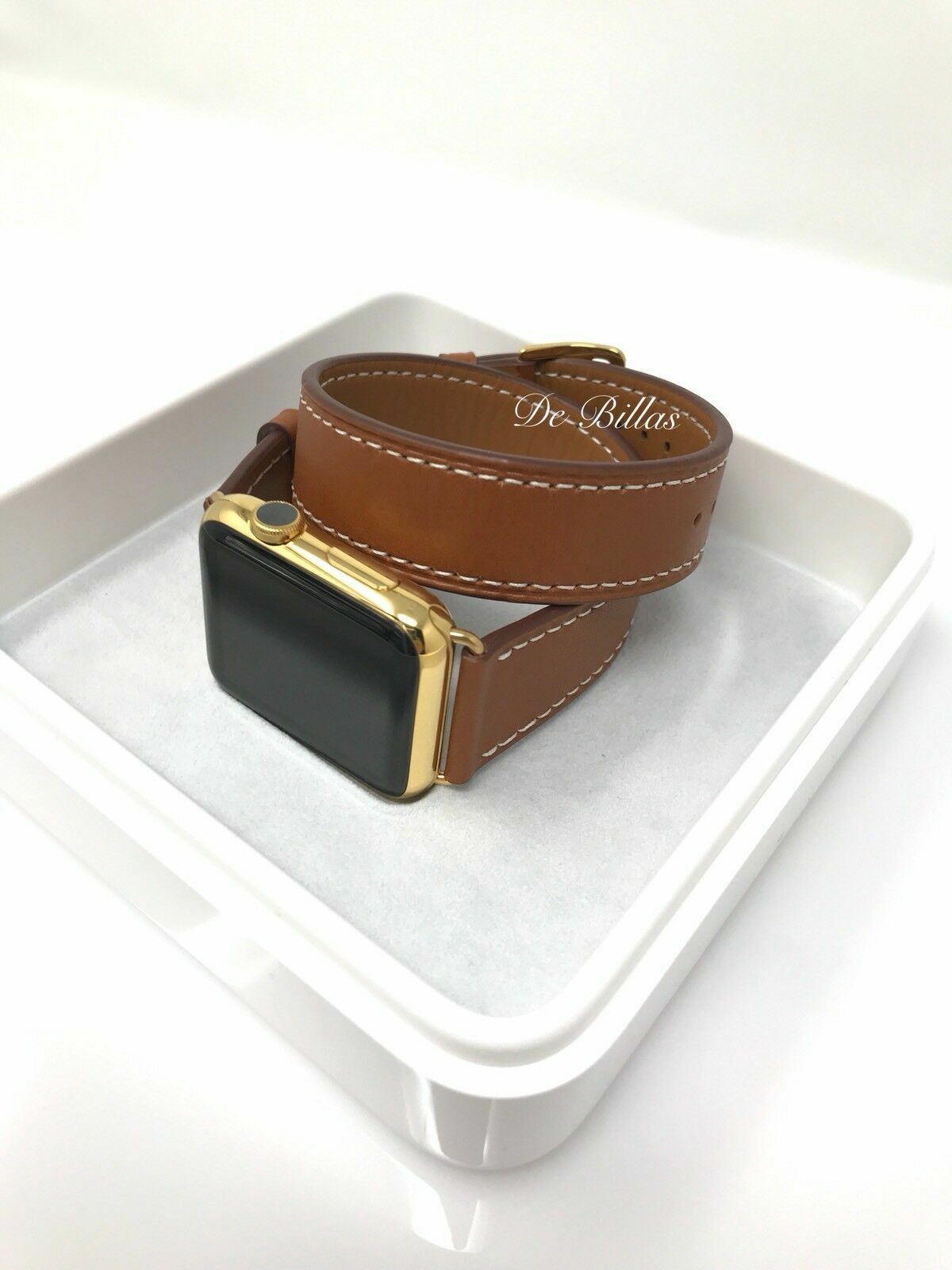 24K Gold 42MM Apple Watch Gen 1 With Double Tour Brown Leather Band