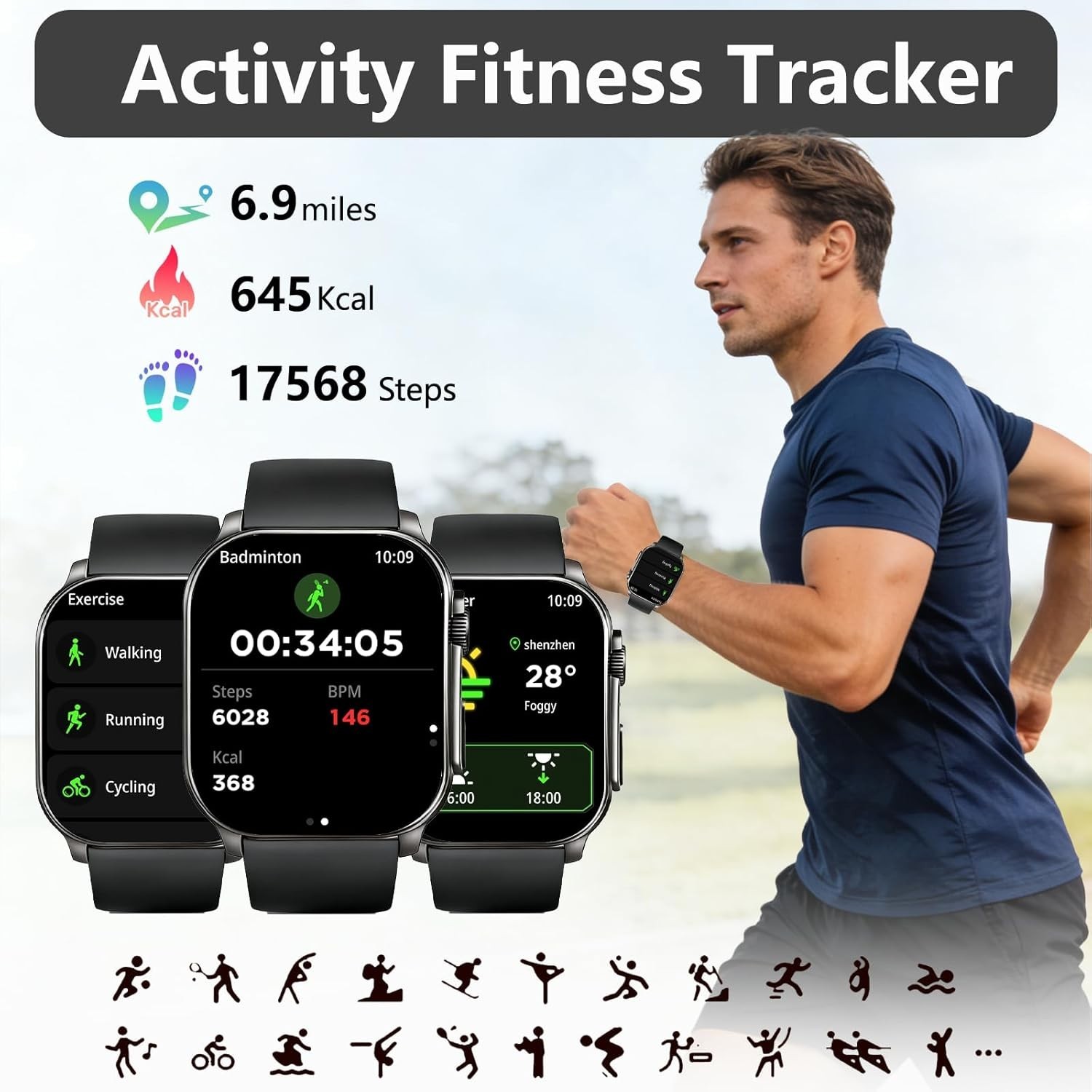 Smart Watch, 2.01″ AMOLED Curved Touchscreen Fitness Watch for Men Women, IP6…