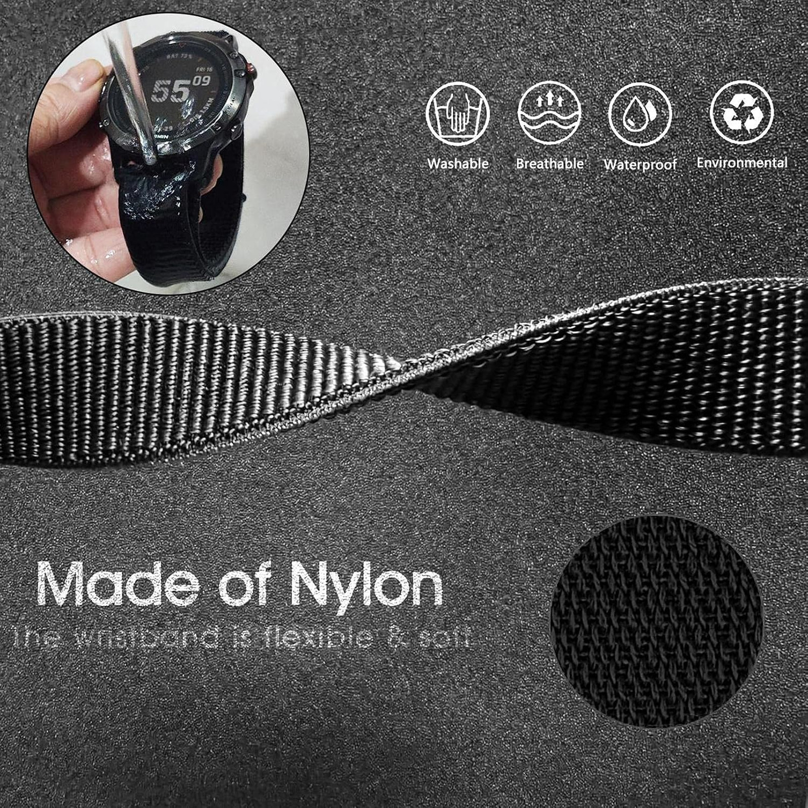 Quick Dry Watch Band 20mm Nylon Sport Strap for Garmin Fenix Epix Instinct 40mm
