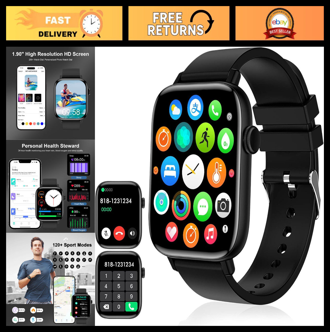 Men’s Smart Watch – 1.90″ HD Touchscreen, Bluetooth Calls, Fitness Tracker, 120+