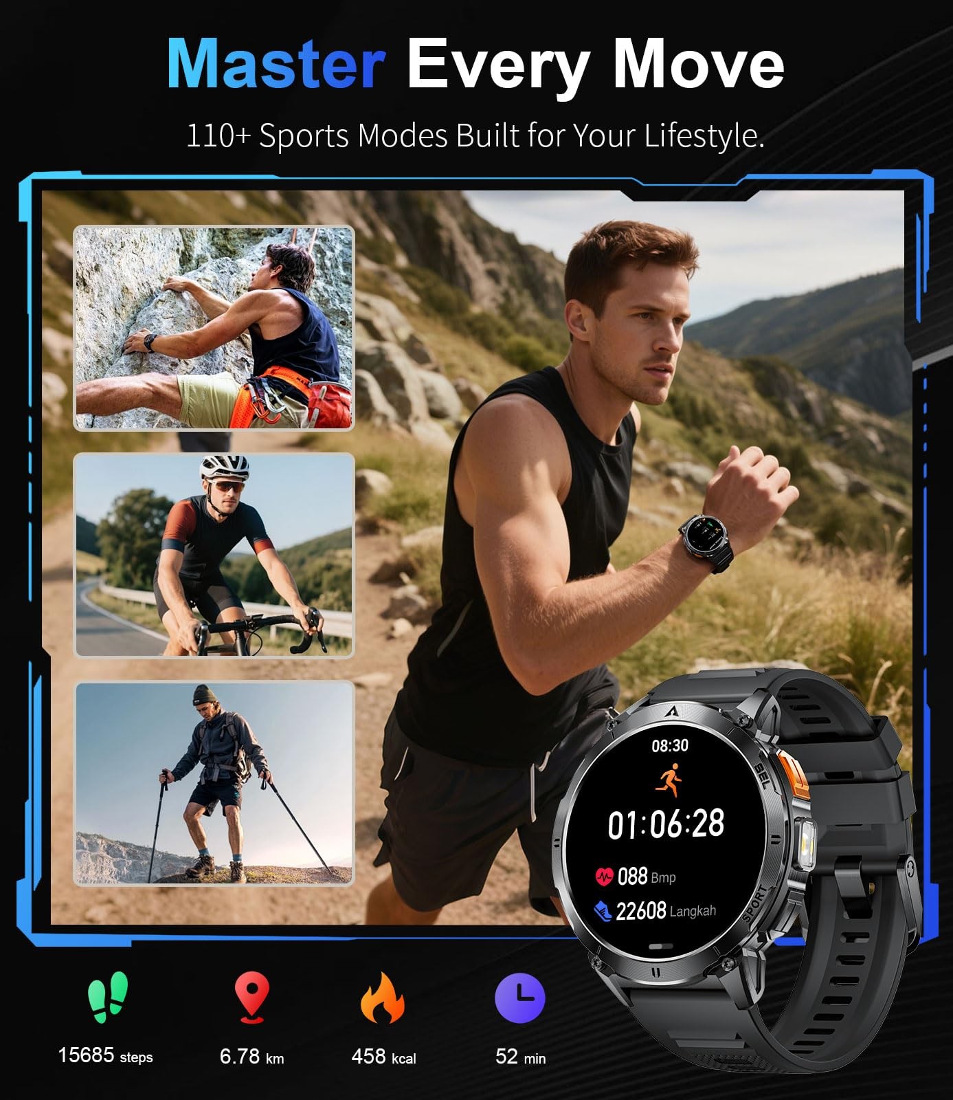 Military Smart Watches for Men, with 730mAh/1.62″ AMOLED Screen/Flashlight/He…