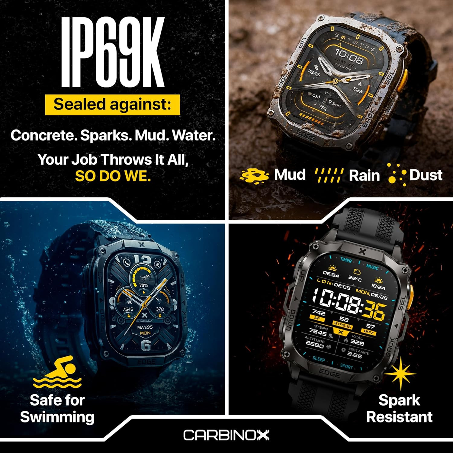 Edge Smart Watch Rugged, 1.96″ AMOLED, Stainless Steel, IP69K/5ATM Fitness Track